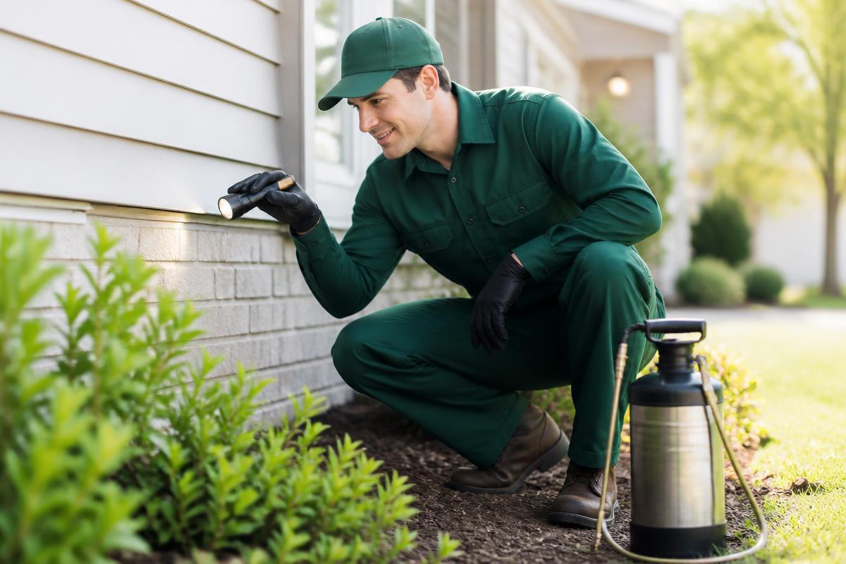 Pest control technician inspecting the exterior of a home